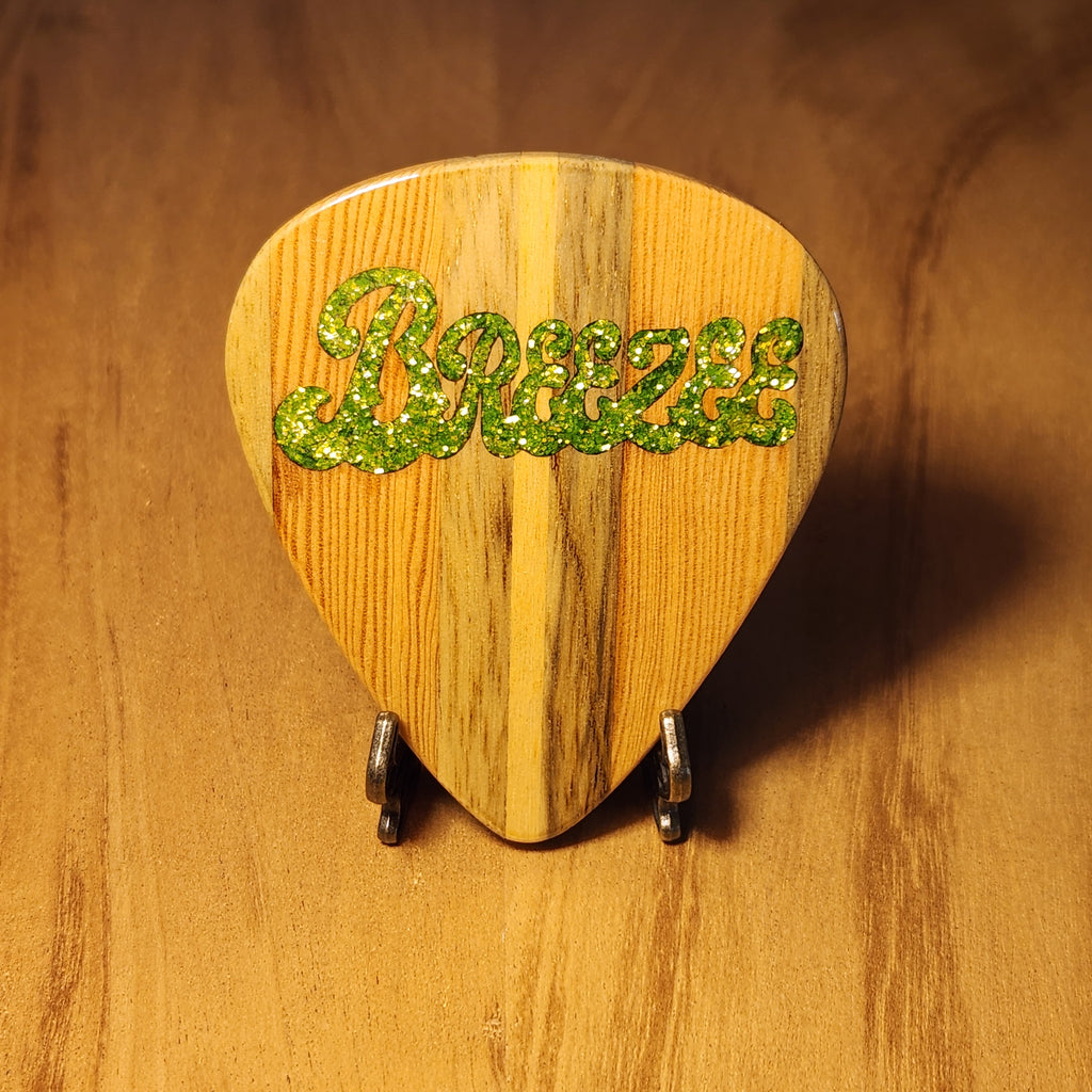 Extra Large Wooden Pick - Old Growth Pine/Black Limba/White Mahogany w/ Green Flake Logo #004