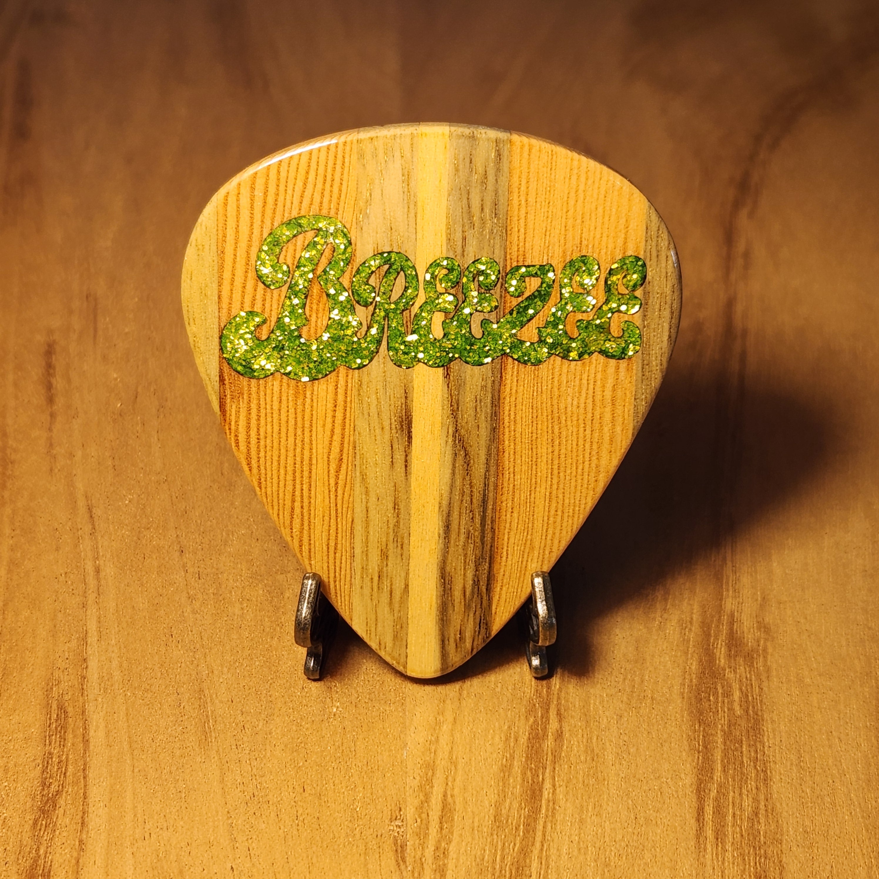 Extra Large Wooden Pick - Old Growth Pine/Black Limba/White Mahogany w/ Green Flake Logo #004