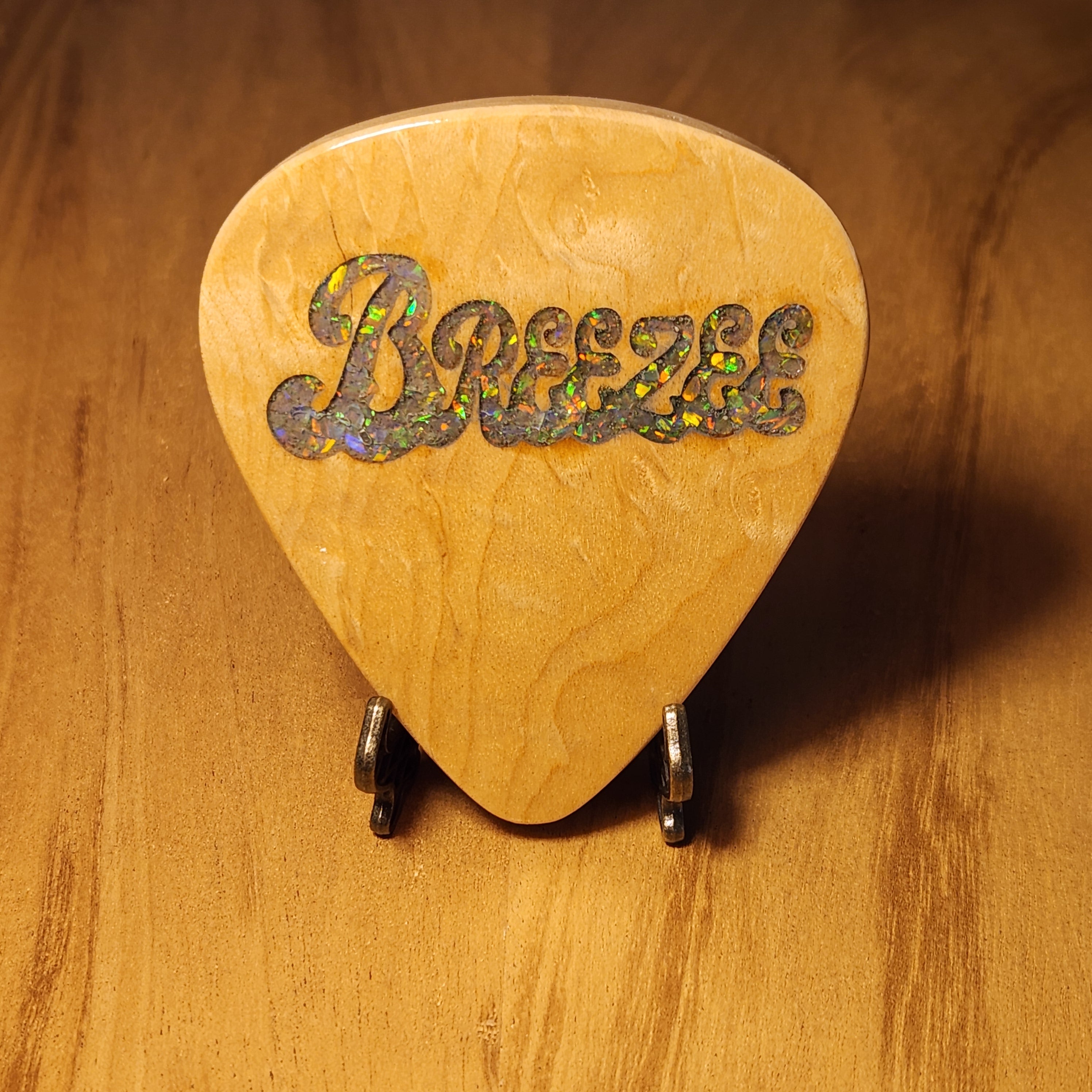 Extra Large Wooden Pick - Hard Blister Maple w/ Crushed Opal Logo #005